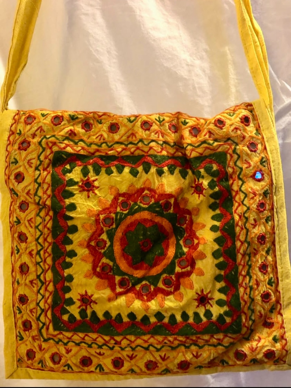 Yellow Embroidered Boho Shoulder Bag with Green & Orange Accents
